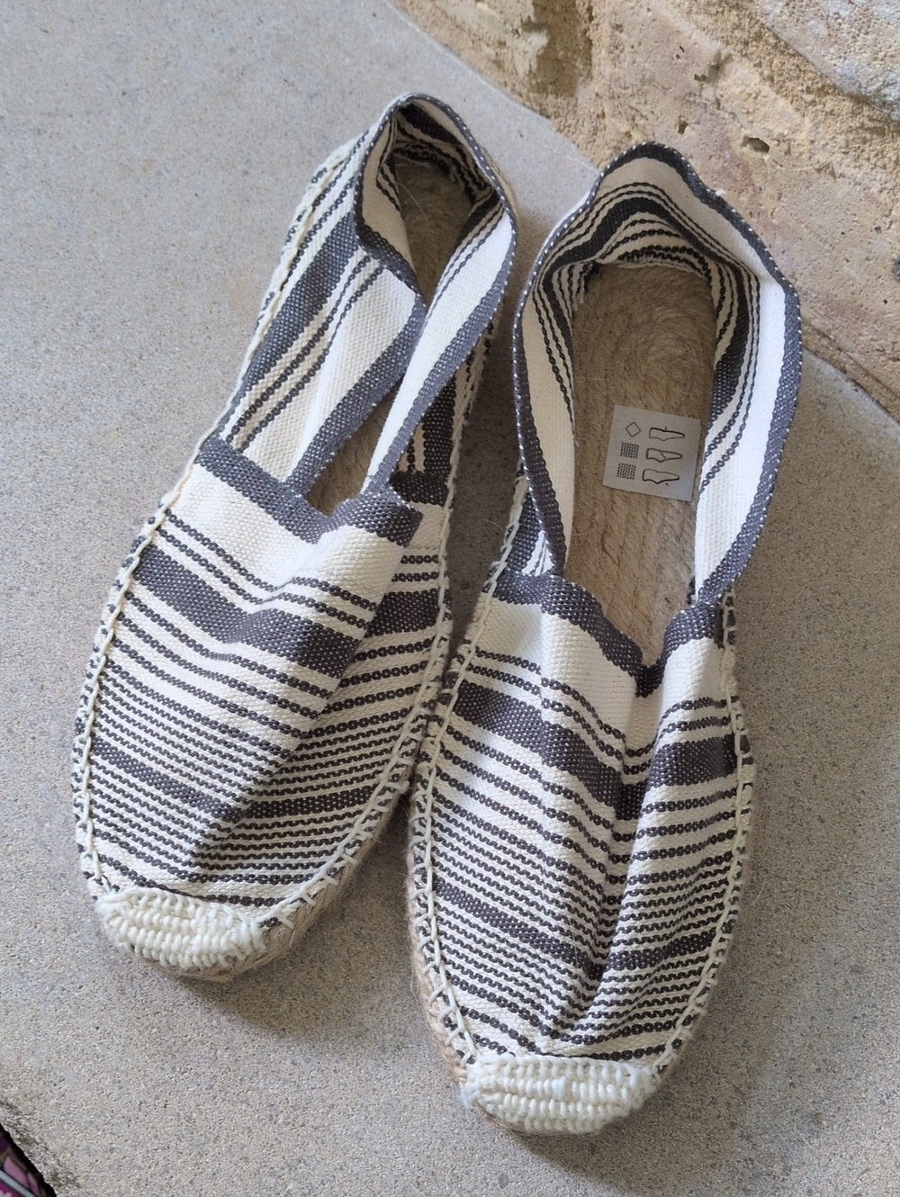 COSIDO A MANO I Blue & Cream Striped Canvas Espadrille Slip-Ons Shoes, 38 7.5-8